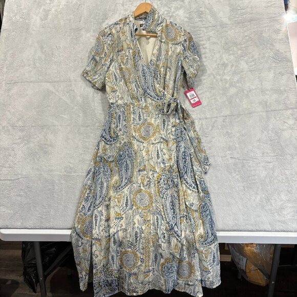 VINCE CAMUTO Paisley Print Wrap Midi Dress Sz XS Blue Yellow V Neck Collared NWT - Picture 2 of 9